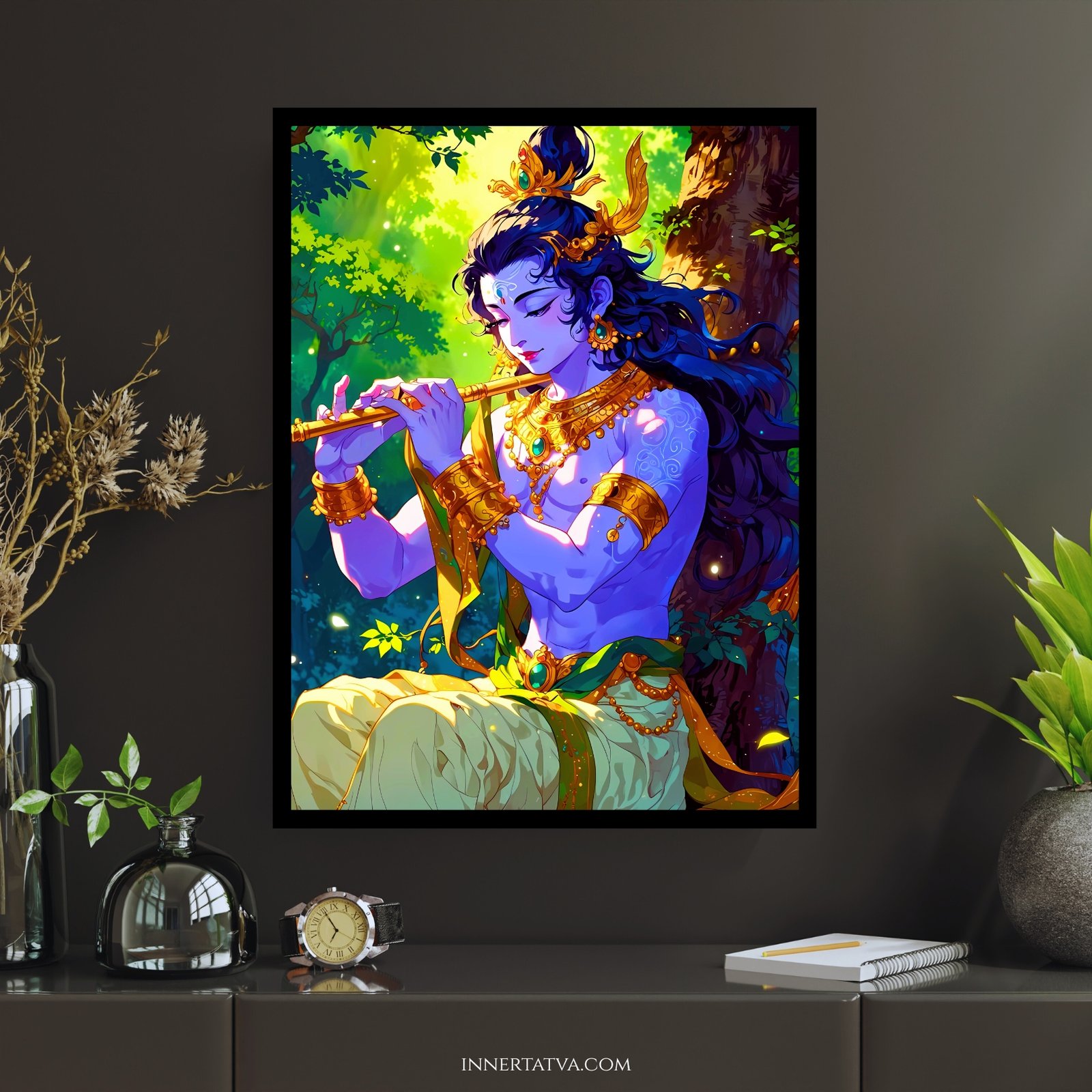 Lord Krishna Flute Under a Tree Anime Art – Acrylic Slim LED Glow Frame - Image 2