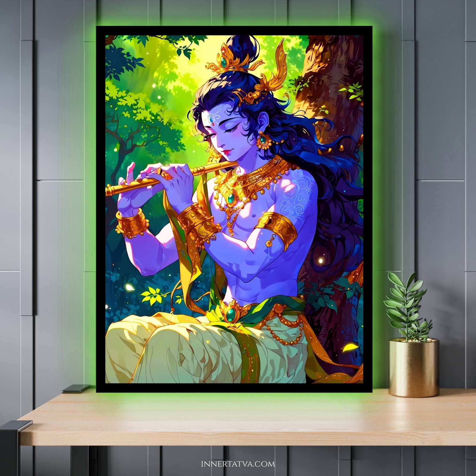 Lord Krishna Flute Under a Tree Anime Art – Acrylic Slim LED Glow Frame